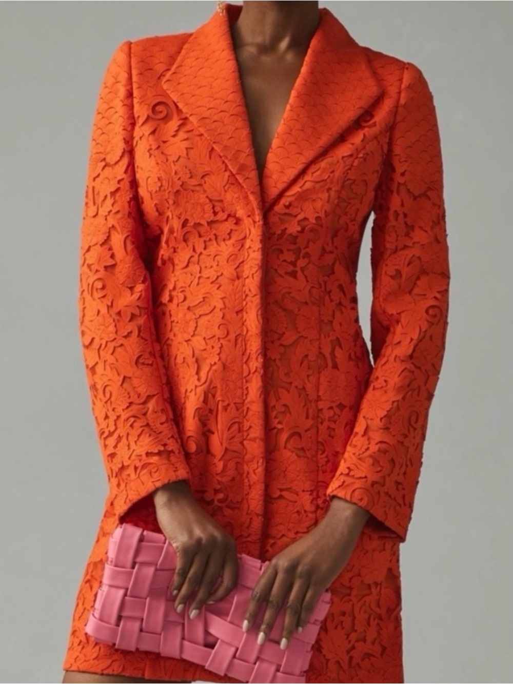Textured Orange Mini Dress Coat with Floral Appliqué